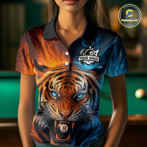 Blue And Orange 8 Ball Pool Tiger Fire Billiard Shirt For Women Custom Billiard Team Jersey Outfit TDM4543