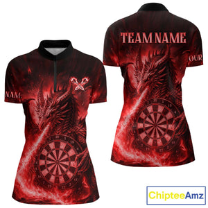 Red Flaming Dragon Darts Jersey For Women Custom Polo & Quarter Zip Darts League Team Shirt TDM4586