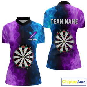 Blue And Purple Custom Fire Darts Shirt For Women, Personalized Darts Team Jersey Polo & 1/4 Zip TDM4207
