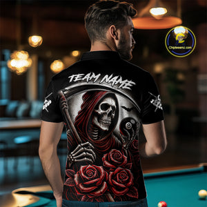 Death Skeleton 8 Ball Pool Roses Billiard Shirt For Men Custom Funny Pool Team Shirt Design |Red TDM4235
