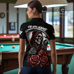 Death Skeleton 8 Ball Pool Roses Billiard Shirt For Women Custom Funny Pool Team Shirt Design |Red TDM4235
