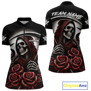 Death Skeleton 8 Ball Pool Roses Billiard Shirt For Women Custom Funny Pool Team Shirt Design |Red TDM4235