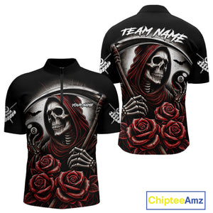 Death Skeleton 8 Ball Pool Roses Billiard Shirt For Men Custom Funny Pool Team Shirt Design |Red TDM4235