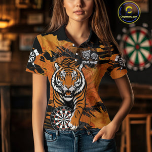 Personalized Black And Orange Tiger Darts Shirt For Women Custom Darts Jersey Team Polo & 1/4 Zip TDM4275