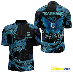 Custom Teal Blue Marble Billiard Shirt For Men, 8 Ball Butterfly Pool Team Jersey Polo & 1/4 Zip TDM4776