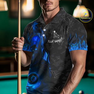 Customized Blue Flaming Grim Reaper 8 Ball Pool Billiard Shirt For Men, Halloween Billiard Outfit TDM4789