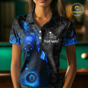 Customized Blue Flaming Grim Reaper 8 Ball Pool Billiard Shirt For Women, Halloween Billiard Outfit TDM4789