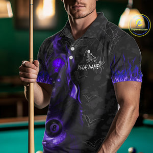 Customized Purple Flame Grim Reaper 8 Ball Pool Billiard Shirt For Men, Halloween Billiard Outfit TDM4790