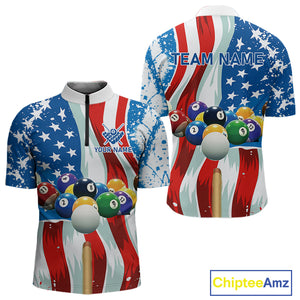 American Flag Billiard Balls Pool Shirt For Men Custom Patriotic Billiard Jersey Polo & 1/4 Zip TDM4606