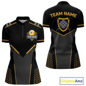 Personalized Yellow Black 9 Ball Billiard Shirt For Women, 9 Ball Pool Team Jersey Polo & 1/4 Zip TDM4476