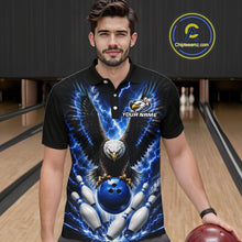 Load image into Gallery viewer, Man wearing a blue thunder lightning eagle bowling polo shirt at a bowling alley front view.