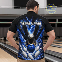 Load image into Gallery viewer, Back view of man wearing a blue thunder lightning eagle bowling quarter zip shirt in a bowling alley.