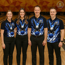 Load image into Gallery viewer, Bowling team wearing matching blue thunder lightning eagle bowling jerseys during tournament matches front view.