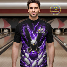 Load image into Gallery viewer, Back view of man wearing a purple thunder lightning eagle bowling quarter zip shirt in a bowling alley.