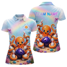 Load image into Gallery viewer, Rainbow octopus ocean bowling polo shirt for women with colorful custom bowling team graphics.