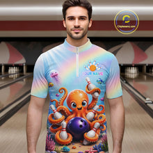 Load image into Gallery viewer, Man wearing a rainbow octopus ocean bowling quarter zip jersey during league competition front view.