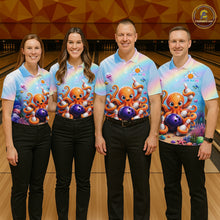Load image into Gallery viewer, Bowling team wearing matching rainbow octopus ocean bowling jerseys during league matches front view.