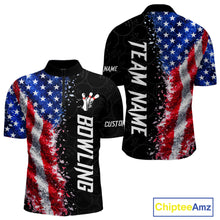 Load image into Gallery viewer, American flag bowling quarter zip shirt for men designed for league tournaments and team events.