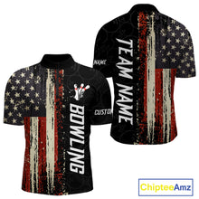 Load image into Gallery viewer, Vintage American flag bowling quarter zip shirt for men designed for league tournaments and team events.