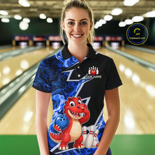 Load image into Gallery viewer, Funny Dinosaur Bowling Jersey For Women Custom Black And Blue Flame Bowling Shirt Polo &amp; 1/4 Zip TDM6367