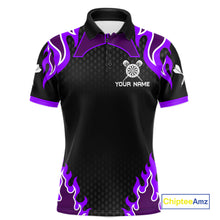 Load image into Gallery viewer, Black And Purple Flaming Darts Jersey Polo &amp; Quarter Zip Custom Darts Team Shirt For Men TDM6147