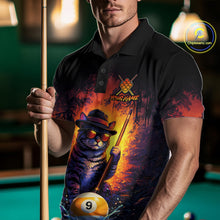Load image into Gallery viewer, Man wearing a vintage funny cat 9 ball billiard jersey beside a pool table front view.