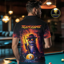 Load image into Gallery viewer, Back view of man wearing a vintage cat 9 ball pool shirt in a billiards hall.