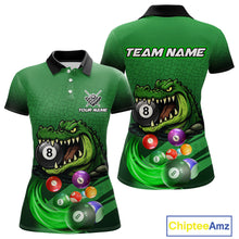 Load image into Gallery viewer, Green polo shirt with an alligator and billiard ball design, featuring customizable "Your Name" and "Team Name" text for a personalized look.