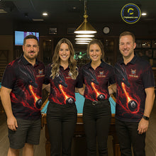 Load image into Gallery viewer, Pool team wearing matching red dragon 8 ball pool fire billiard jerseys front view.