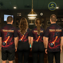 Load image into Gallery viewer, Back view of pool team wearing matching red dragon 8 ball pool fire billiard shirts.