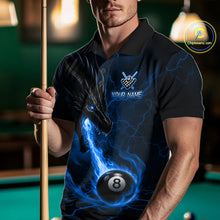 Load image into Gallery viewer, Man wearing a blue dragon 8 ball pool fire billiard jersey front view, custom pool team shirt.