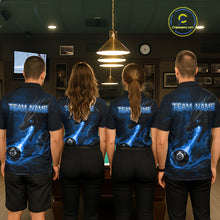 Load image into Gallery viewer, Back view of pool team wearing matching blue dragon 8 ball pool fire billiard shirts.