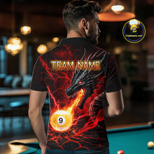 Load image into Gallery viewer, Back view of man wearing a red dragon 9 ball pool fire billiard team jersey.