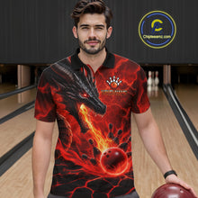 Load image into Gallery viewer, Man wearing dragon fire flame red bowling polo shirt front view.