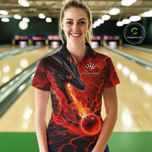 Load image into Gallery viewer, Woman wearing dragon fire flame red bowling polo shirt front view.