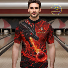 Load image into Gallery viewer, Man wearing dragon fire flame red bowling quarter zip shirt front view.