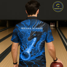 Load image into Gallery viewer, Back view of man wearing personalized dragon bowling Hawaiian shirt with blue fire flame design.