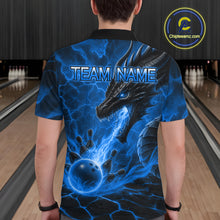 Load image into Gallery viewer, Man wearing dragon fire flame blue bowling polo shirt back view.
