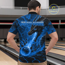 Load image into Gallery viewer, Man wearing dragon fire flame blue bowling quarter zip shirt back view.