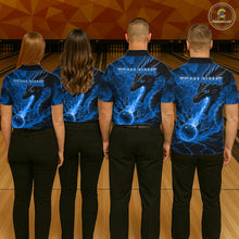 Load image into Gallery viewer, Bowling team wearing matching dragon fire flame blue jerseys back view.