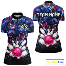 Load image into Gallery viewer, Custom Blue And Pink Tropical Floral Bowling Shirt For Women, Bowling Team Jersey Polo &amp; 1/4 Zip TDM6222