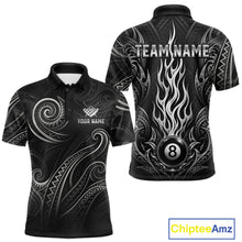 Load image into Gallery viewer, Personalized flame 8 ball billiard polo shirt for men with tribal style graphics and custom team design.
