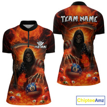 Load image into Gallery viewer, Orange Fire Flame US Flag Grim Reaper Women's Billiards Shirts Custom 8 Ball Pool Team Jersey TDM5200