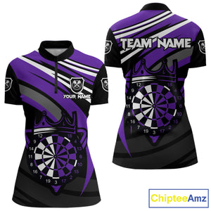 Black And Purple Dartboard Crown Darts Shirt For Women Custom Darts Sport Jersey Team Polo & 1/4 Zip TDM4794