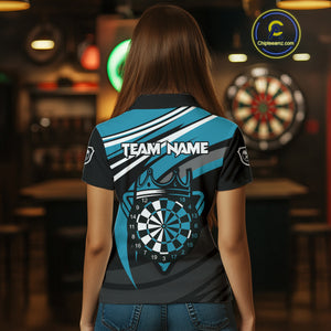 Black & Turquoise Dartboard Crown Darts Shirt For Women Custom Darts Jersey Team Polo & 1/4 Zip TDM4795