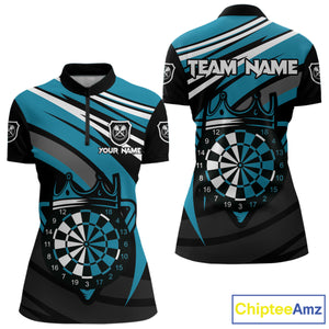 Black & Turquoise Dartboard Crown Darts Shirt For Women Custom Darts Jersey Team Polo & 1/4 Zip TDM4795
