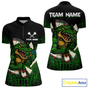 Black And Green Funny Alligator Darts Shirt For Women Custom Darts Jersey Team Polo & 1/4 Zip TDM4877