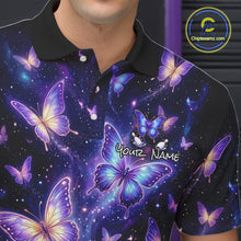 Load image into Gallery viewer, Custom Purple Butterfly Bowling Shirt For Men, Glowing Bowling Team Jersey Polo &amp; 1/4 Zip TDM6225