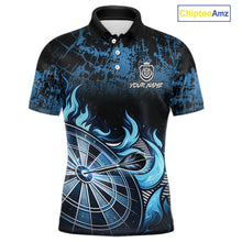Load image into Gallery viewer, Black And Blue Dartboard Tribal Flame Darts Polo &amp; 1/4 Zip For Men Custom Darts Team Jersey TDM6013