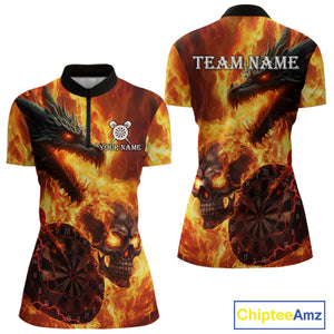 Personalized Orange Flaming Dragon And Skull Darts Shirt For Women Custom 3D Fire Darts Team Jersey TDM4958